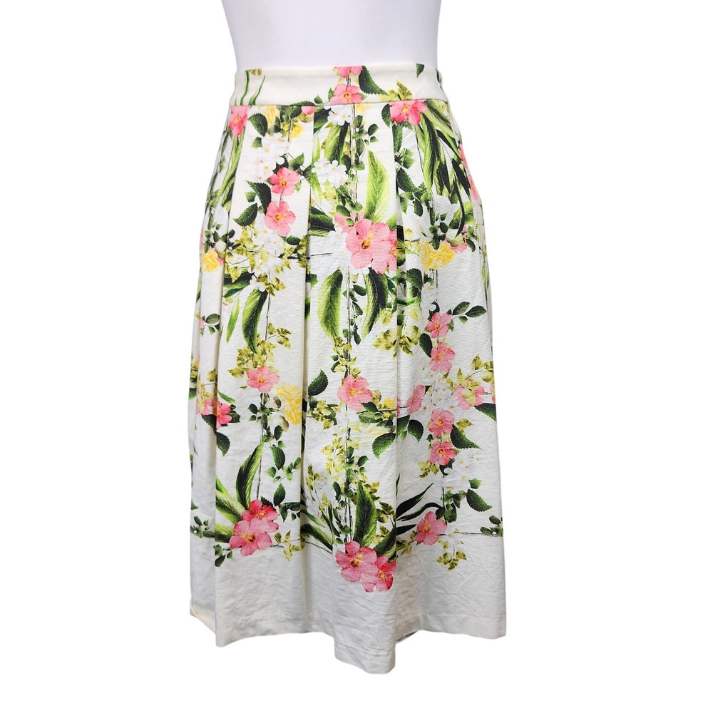 Talbots A-Line Skirt White Womens 8 Pink Floral Hibiscus Box Pleat Wedding Guest - Picture 4 of 8